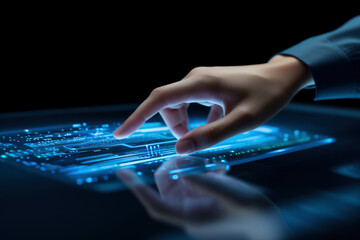  man's hand in digital, IoT, AI chatbot technology, smart devices, VPN cybersecurity, futuristic internet. Unleash the power of technology, sleek abstract background, blue circuitry pattern, gen ai