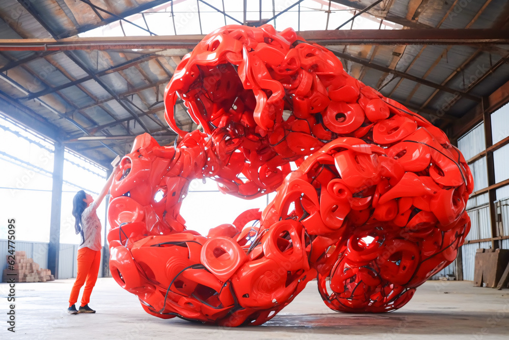 Poster red sculpture in building with generative ai