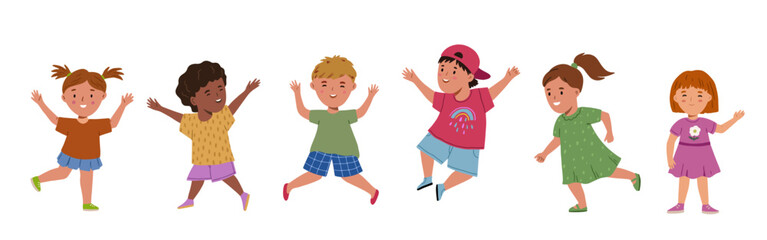 Group of happy smiling playing kids. Cartoon characters. Jumping cheerful children. Vector illustration for school of kindergarten. Isolated on white background
