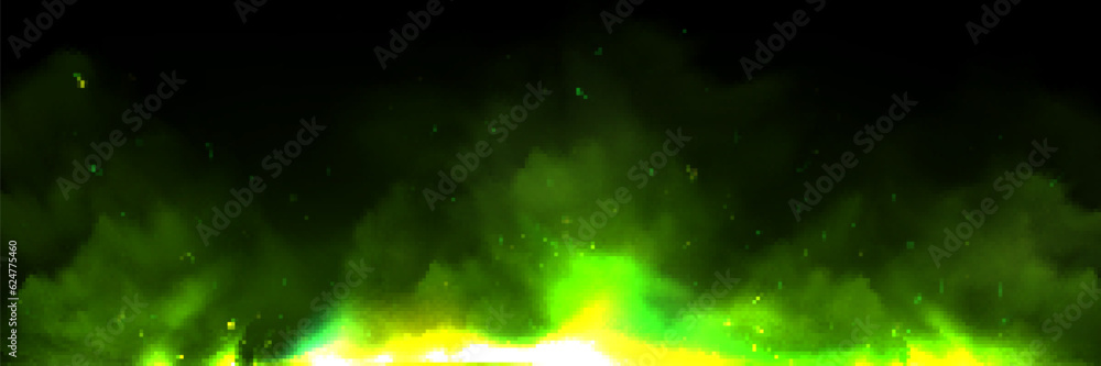 Poster green fire effect overlay with ember and smoke realistic background. flying spark light particle in 