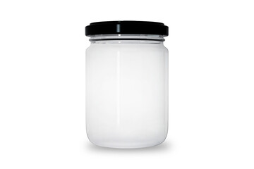 Glass jar with black lid mockup isolated on white background. Honey or jam glass jar. 3d rendering.