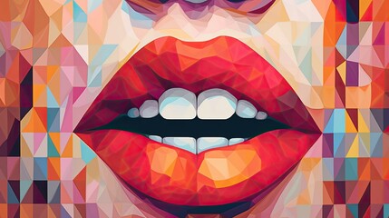 Painting abstract art of female Pink, red lips, mouth. Pop art retro vintage colorful background. Trendy and fashion color AI illustration. For poster and banner..