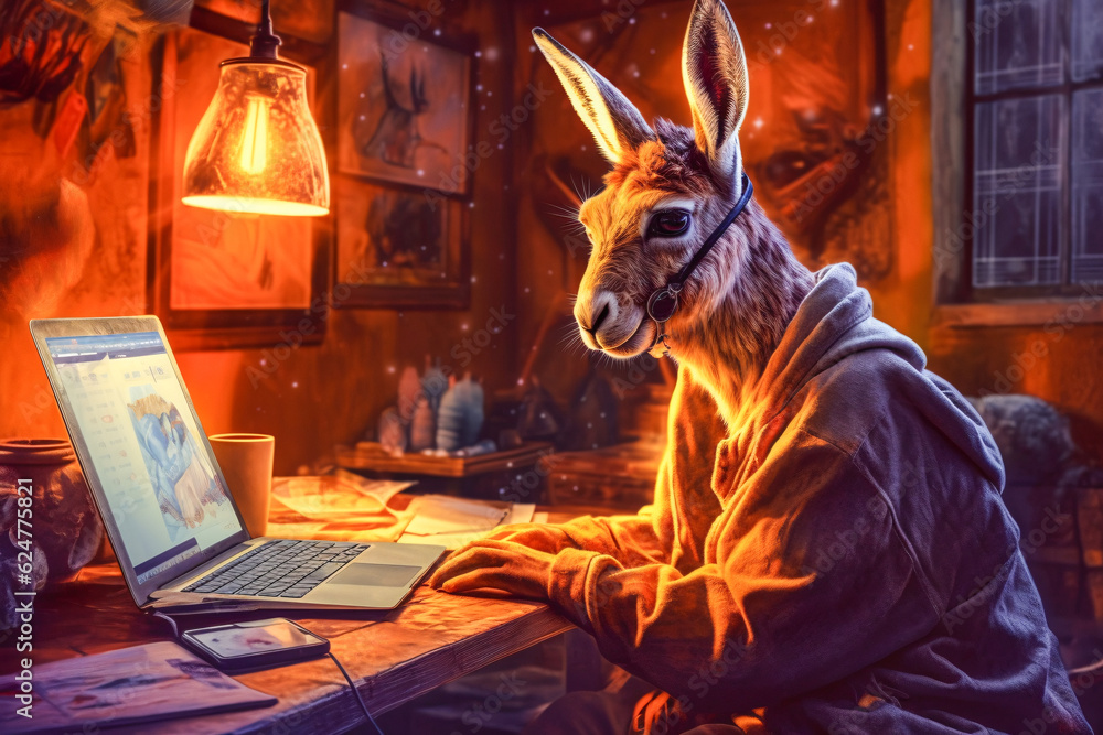 Poster stylish giraffe working on laptop with generative ai