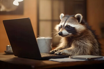 Raccoon on Table with Laptop - Generative AI - obrazy, fototapety, plakaty