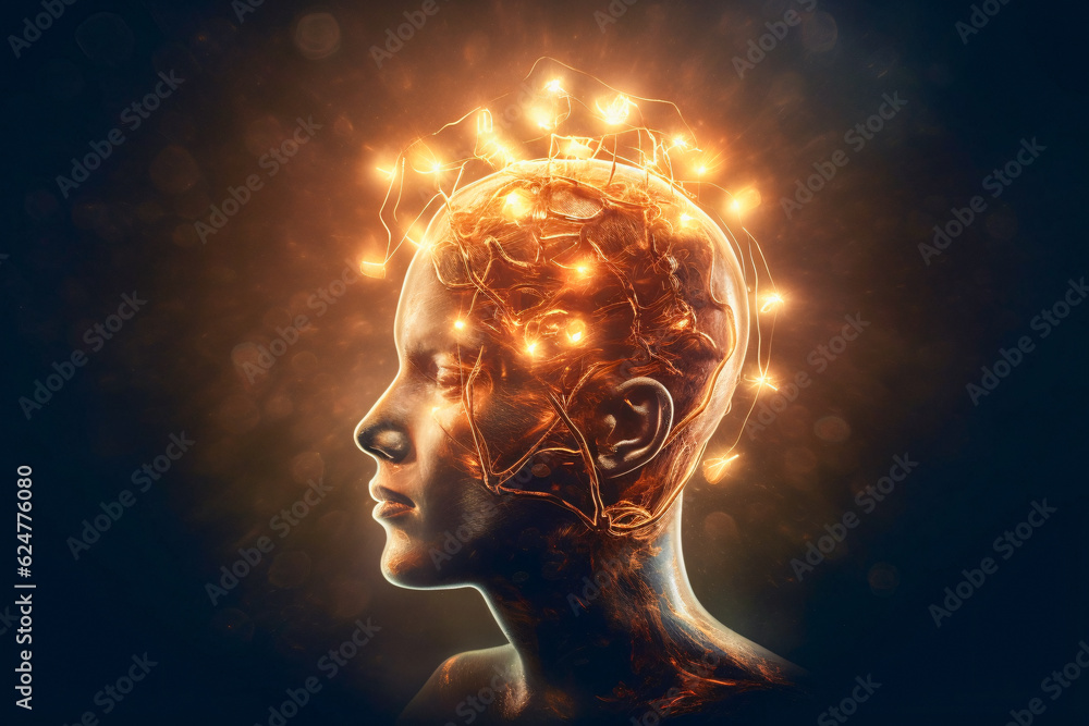 Poster man with glowing brain: a fascinating image enhanced by generative ai