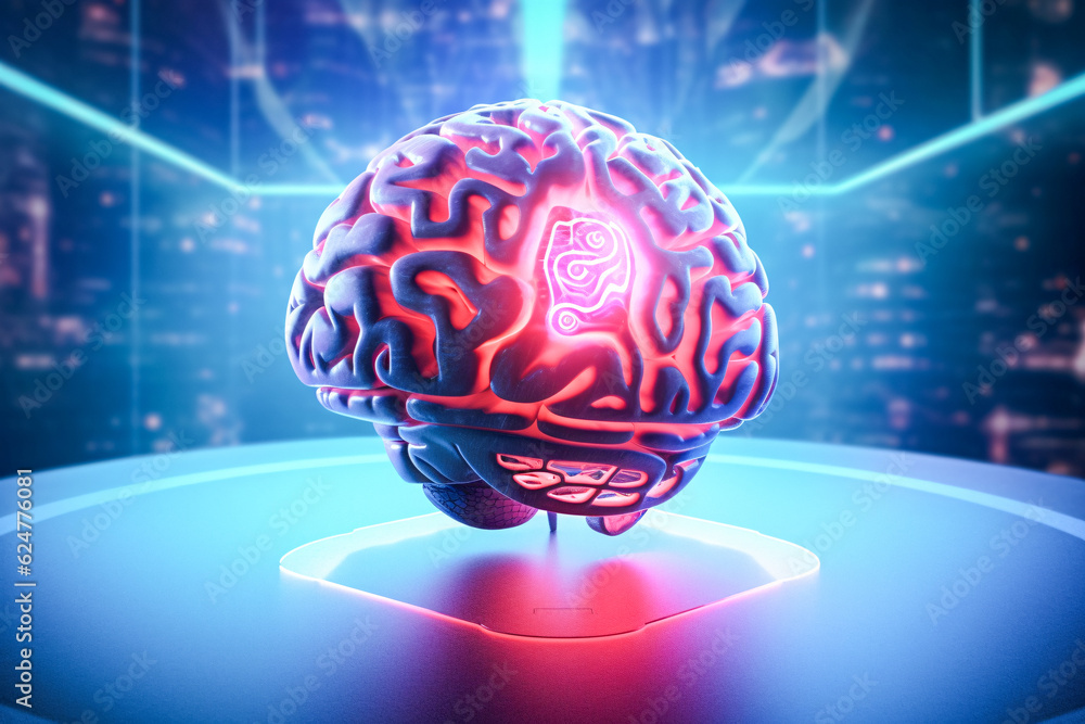 Poster futuristic brain model illuminated with red and blue lights: a generative ai masterpiece