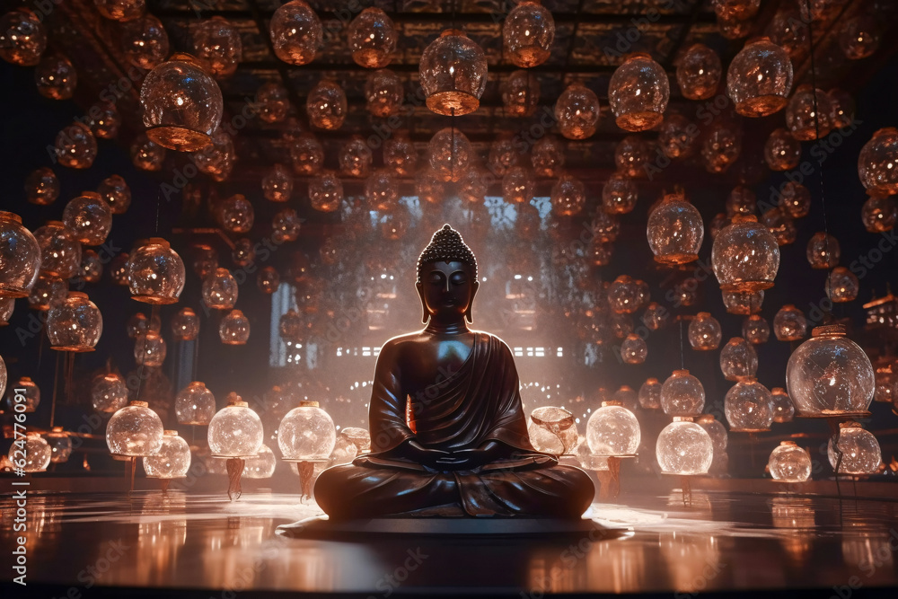 Poster serene buddha statue amidst a mesmerizing array of glass spheres: a generative ai masterpiece