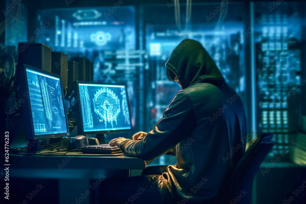 Aufkleber tech-savvy hooded man at desk with dual monitors - enhanced by generative ai