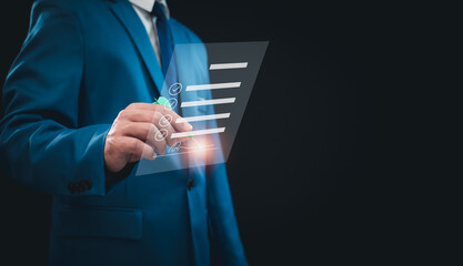 Businessman holding green arrow pointing to electronic document. Business concept, business contract signing, business matchmaking, business goal setting concept