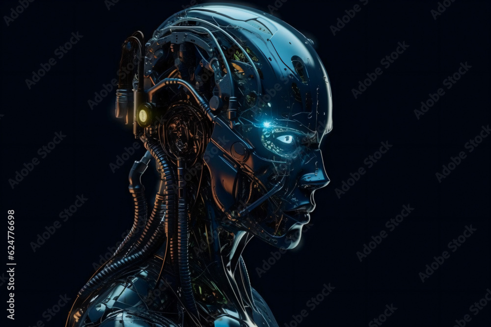 Poster robot head with glowing eye - enhanced by generative ai