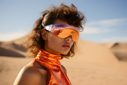 model wearing foil sunglasses and orange top in editorial in desert dunes, 80s photoshoot made with generative ai