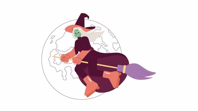 Scary witch halloween 2D animation. Mysterious sorceress with moon background 4K video motion graphic. Wicked witch evil sitting on broomstick color animated cartoon flat concept, white background