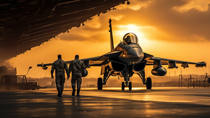 Fighter planes are at the airport, about to make a flight. Military concept.
