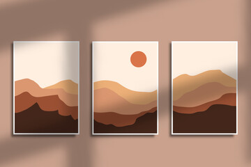 Set of modern boho minimal landscape aesthetic illustration poster design, hand drawn mountain landscape,color pastel