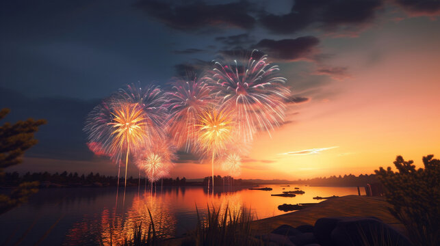 fireworks over the river HD 8K wallpaper Stock Photographic Image

