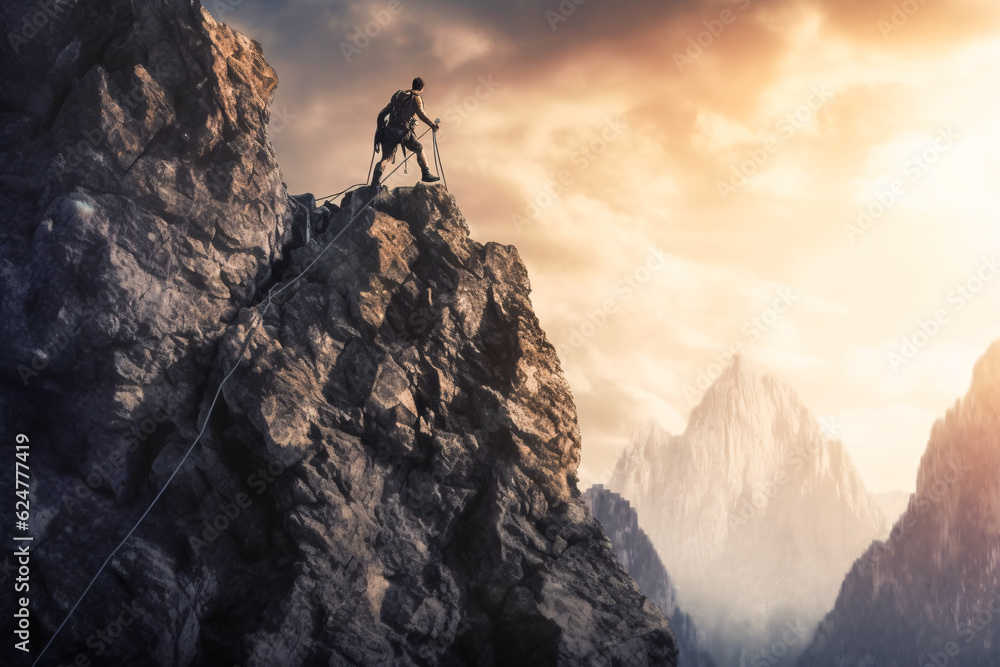 Aufkleber man on mountain top with rope - generative ai