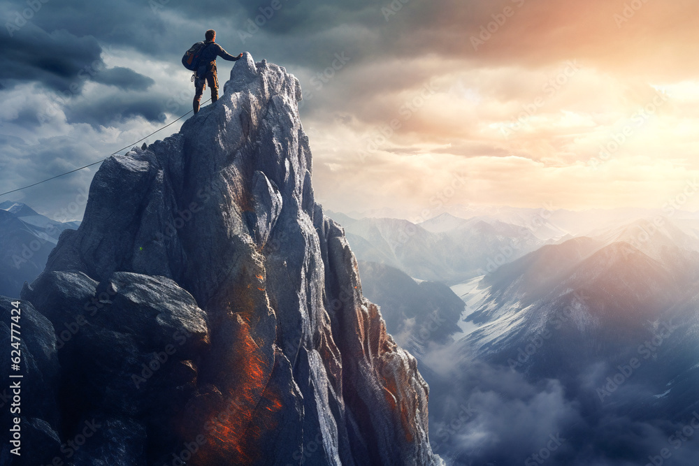 Aufkleber adventurous man on mountain top with backpack - generative ai