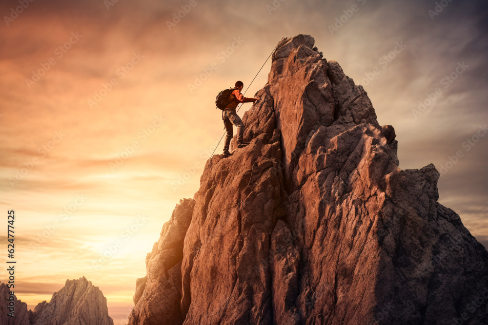 Poster adventurous man scaling a majestic mountain with generative ai