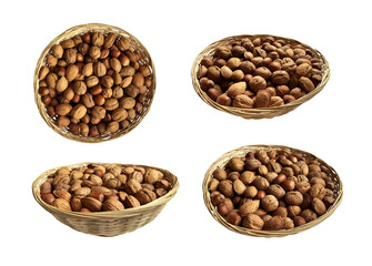 Dried nuts in wicker bowls set isolated objects, soft focus clipping path, pistachio, hazelnuts, walnuts, healthy raw food organic diet concept