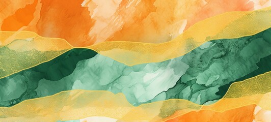 Abstract watercolor paint background illustration painting - Soft pastel green and orange color and golden lines, with liquid fluid marbled paper texture banner texture, Generative Ai