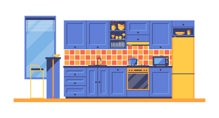 Kitchen interior, furniture and household appliances, dishes, utensil. Food preparation equipment. Cozy studio kitchen with a window, a table and built-in furniture, a stove. Vector flat illustration
