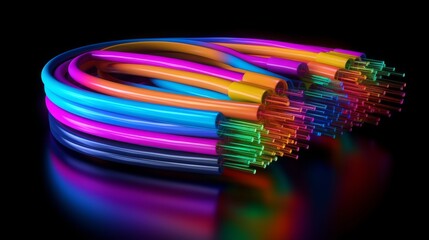 Colorful optical fibers on black background.