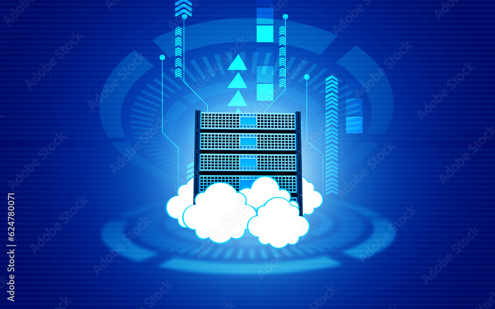 Poster cloud computing server on modern technology background. 3d illustration.