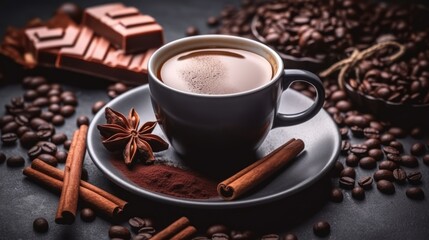 Coffee in a cup and saucer on a dark background