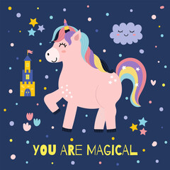 Fototapeta premium You are magical print for kids with a cute unicorn. Poster with a magic character and text. Great for t shirt, greeting cards, apparel. Vector illustration