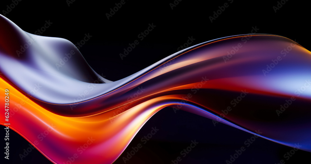 Poster abstract fluid 3d render holographic iridescent neon curved wave in motion dark background. gradient