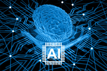 AI brain on circuit board background. 3d illustration..
