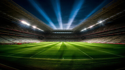 Fototapeta na wymiar Evening soccer stadium with green grass field and bright floodlights.