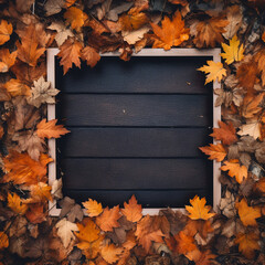 Autumn or fall scene background with leaves. Minimal nature seasonal concept. Flat lay copy space. Generative AI