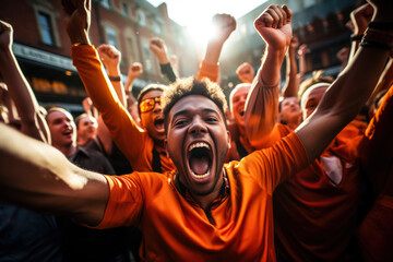 Dutch football fans celebrating a victory   - obrazy, fototapety, plakaty