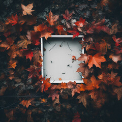 Autumn or fall scene background with leaves. Minimal nature seasonal concept. Flat lay copy space. Generative AI