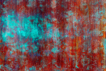 Rusty metal sheet with bright blue painted human footprints. Abstract grunge rough background