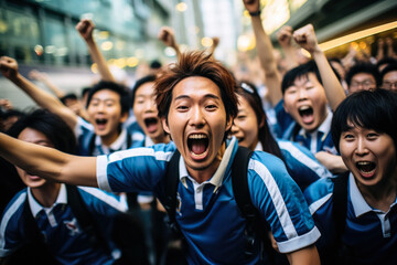 Japanese football fans celebrating a victory  