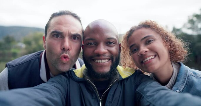 Friends, funny face in selfie and camping, happiness and adventure, freedom outdoor and social media live stream. Diversity, portrait and happy people smile in picture, hiking and travel in nature