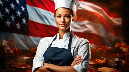 Woman wearing a chef's hat and apron, showcasing the culinary labor and expertise on Labor Day.