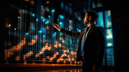 Fototapeta premium Businessperson pointing at a growth chart with upward trend, investment returns and profitability concept.