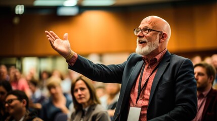"Conference Success": An impactful photograph capturing the energy and professionalism of a conference or event, featuring a confident speaker engaging with an attentive audience.