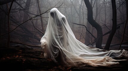 Ghostly figure in a tattered white sheet floating in a misty forest, Halloween apparition.