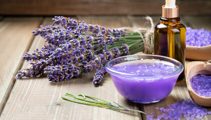 Aromatherapy oil and lavender, lavender spa, Wellness with lavender, lavender syrup on a wooden...