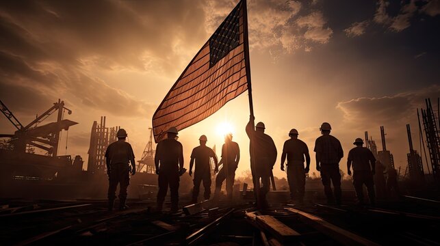 Construction workers raising the American flag on a construction site, symbolizing the patriotism and hard work of laborers on Labor Day.
