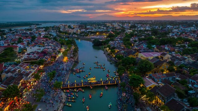 Hoi An ancient town and Hoai river in twilight, Vietnam.