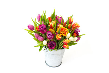 flowers in a bucket on white background