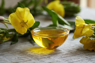 Evening primrose oil with Oenothera biennis flowers