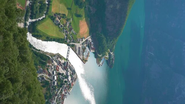 View from Stegastein viewpoint on the picturesque town of Flam in the Flomsdalen valley and Aurlandsfjord, Norway.