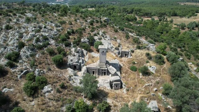 Drone shot of the Ancient City of Xanthos Necropolis in T&uuml;rkiye