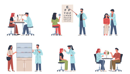 Ophthalmologists with patients. People check their eyesight, optical consultant, glasses selection, doctors at work. Optometry diagnostic and surgery, cartoon flat isolated nowaday vector set